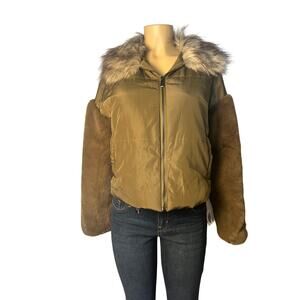 Adrienne Landau olive Green Jacket with faux fur on sleeves and collar Size M